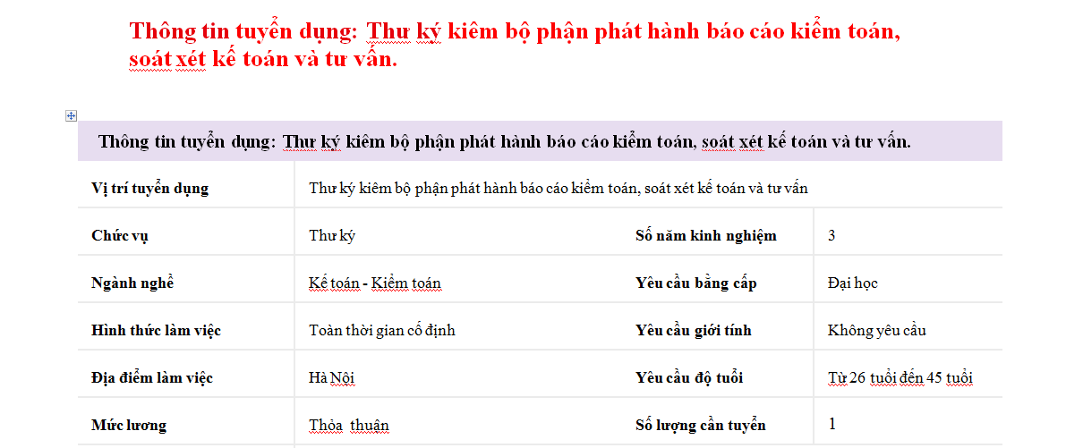 Thông tin tuyển dụng: Thư ký kiêm bộ phận phát hành báo cáo kiểm toán, soát xét kế toán và tư vấn.