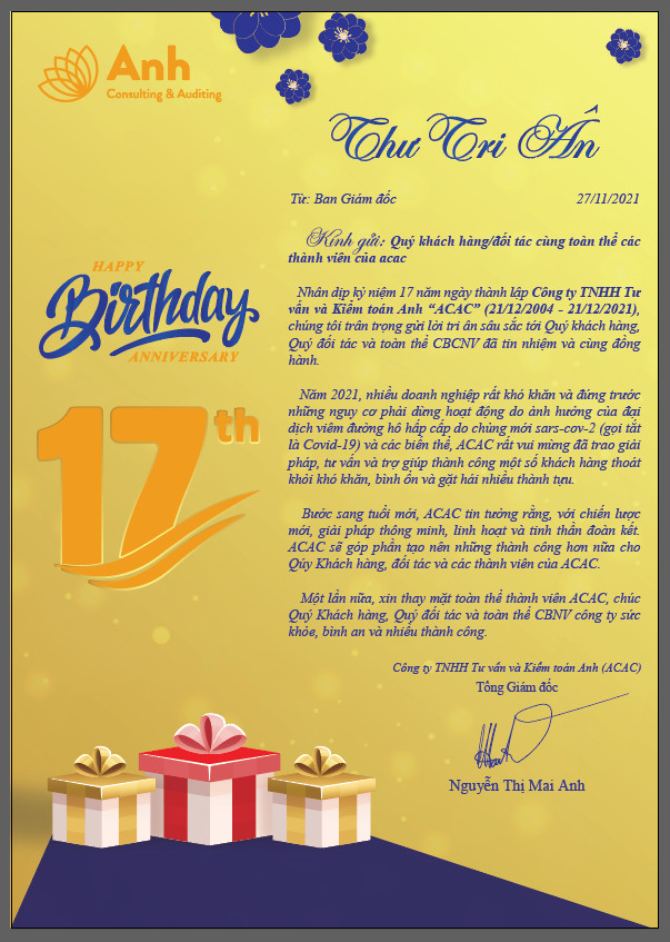 THƯ TRI ÂN NHÂN LỄ KỶ NIỆM 17 NĂM NGÀY THÀNH LẬP 21/12/2004 - 21/12/2021